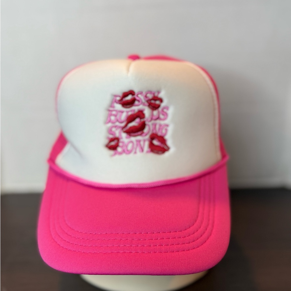 Pink and White Trucker Hat with Lip Print